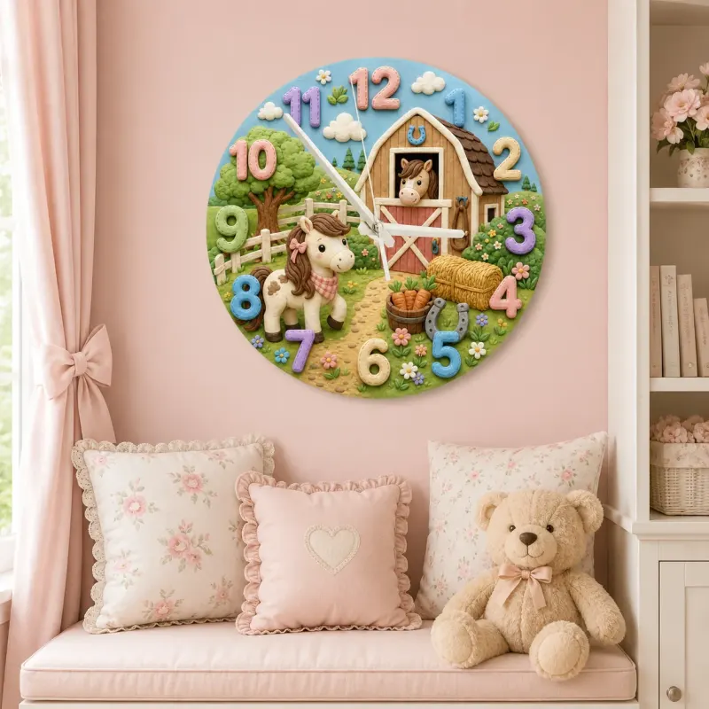 Cute Pony and Farm Barn Kids Room Wall Clock | Rustic Animal Nursery Decor, Baby Shower Gift for a Little Girls Room (13.6 inch / 34.5 cm)