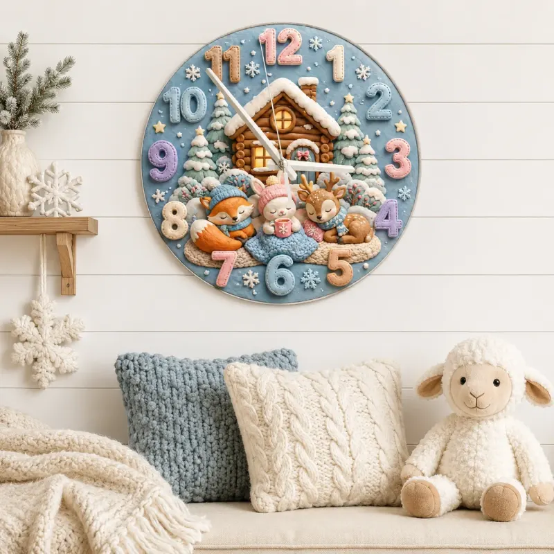 Cozy Winter Woodland Animals Kids Room Wall Clock | Snowy Cabin Nursery Decor, Baby Shower Gift For Girls And Boys (13.6 inch / 34.5 cm)