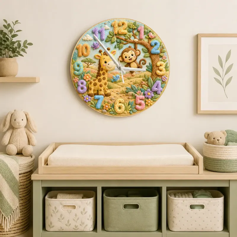 Jungle Safari Giraffe & Monkey Kids Room Wall Clock | Whimsical Animal Nursery Decor, Sweet Playroom Wall Art Gift (13.6 inch / 34.5 cm)