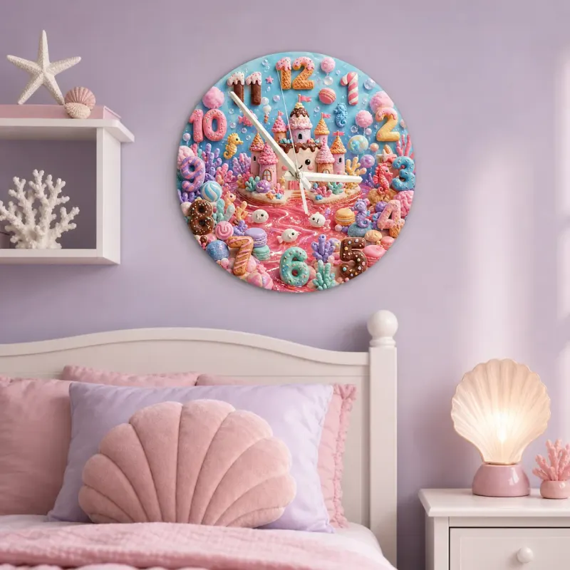 Pastel Candy Castle Kids Room Wall Clock | Sweet Ocean Fantasy Nursery Wall Decor, Little Girl Bedroom Birthday Gift (13.6 inch / 34.5 cm)
