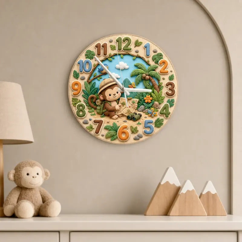 Safari Monkey Explorer Kids Room Wall Clock | Jungle Adventure Nursery Decor, Baby Shower Gift, Little Boy Keepsake (13.6 inch / 34.5 cm)