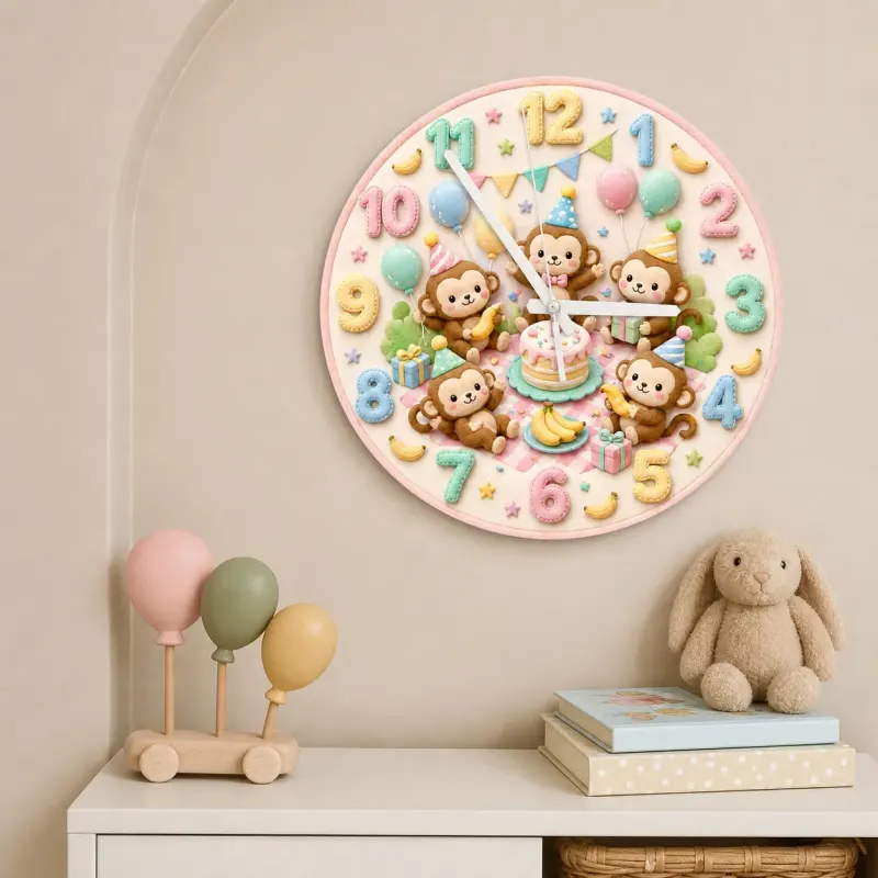 Pastel Monkey Birthday Kids Room Wall Clock | Cute Safari Animal Nursery Decor, Sweet Baby Shower Gift For Children (13.6 inch / 34.5 cm)