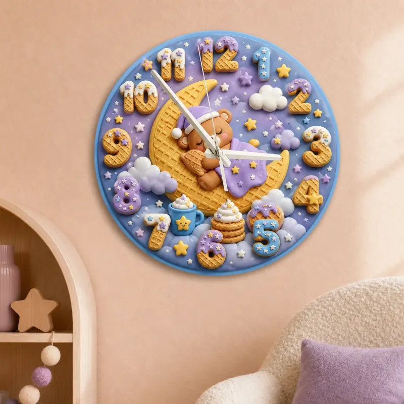 Sleeping Bear Moon Kids Room Wall Clock | Pastel Night Sky Nursery Decor, Sweet Baby Shower Gift (13.6 inch / 34.5 cm)