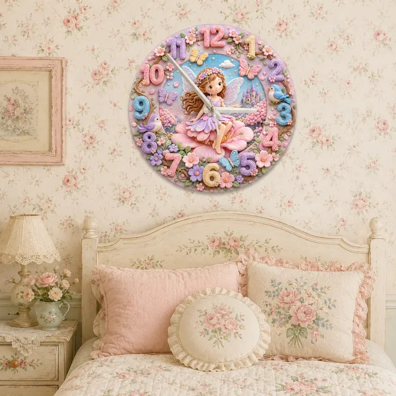 Magical Fairy Princess Kids Room Wall Clock | Enchanted Castle Floral Nursery Decor, Sweet Baby Girl Room Keepsake (13.6 inch / 34.5 cm)