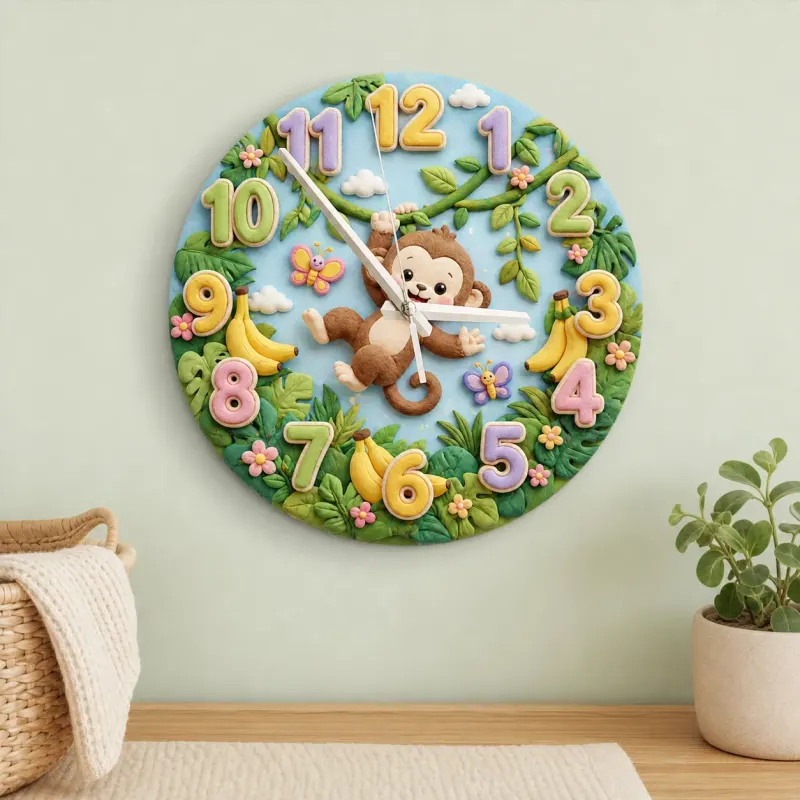 Swinging Safari Monkey Kids Room Wall Clock | Pastel Jungle Nursery Decor, Unique Baby Shower Gift For Boys Or Girls (13.6 inch / 34.5 cm)