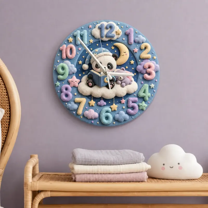Bedtime Reading Panda Kids Room Wall Clock | Pastel Night Sky Nursery Decor, Cute Baby Shower Gift For New Parents (13.6 inch / 34.5 cm)