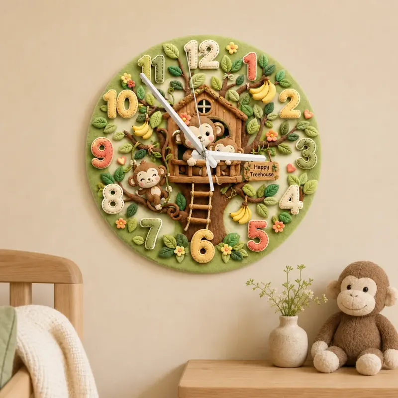Happy Monkey Treehouse Kids Room Wall Clock | Safari Jungle Nursery Decor, Baby Boy Shower Gift & Wood Playroom Art (13.6 inch / 34.5 cm)