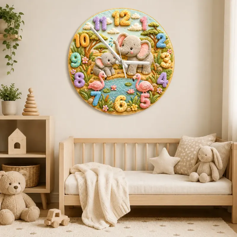 Safari Elephant & Flamingo Kids Room Wall Clock | Pastel Jungle Animal Nursery Decor, Beautiful Baby Shower Keepsake (13.6 inch / 34.5 cm)