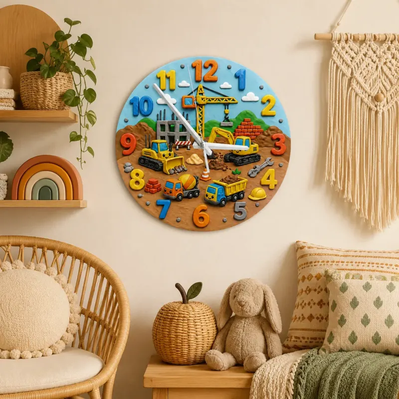 Construction Vehicles Kids Room Wall Clock | Little Boys Bedroom Decor, Playroom Nursery Art & Baby Shower Gift Idea (13.6 inch / 34.5 cm)
