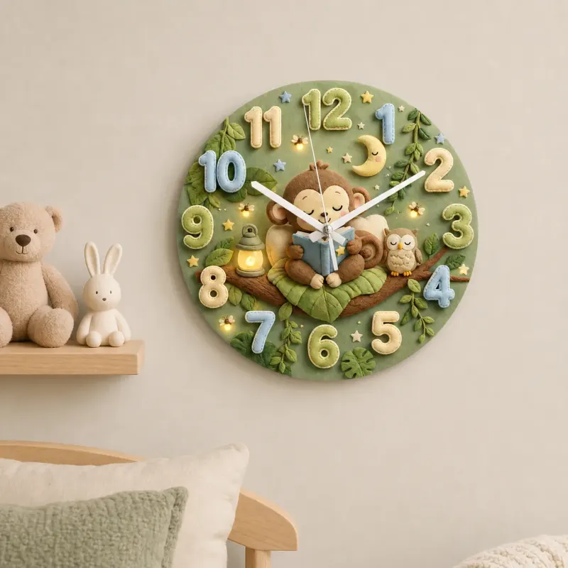 Cute Bedtime Reading Monkey Kids Room Wall Clock | Safari Jungle Nursery Decor, Baby Shower Gift For Boys & Girls (13.6 inch / 34.5 cm)