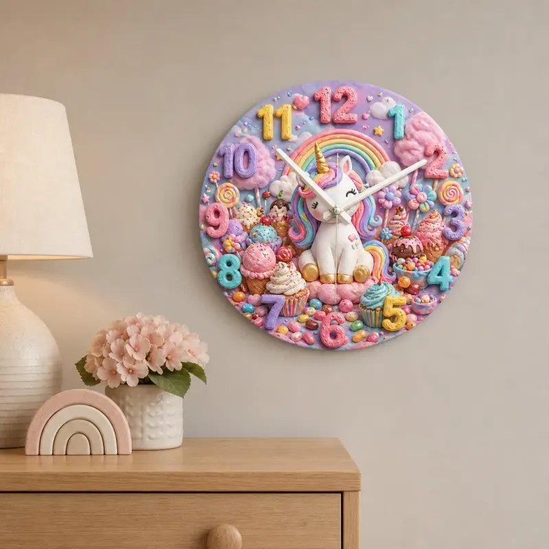 Magical Unicorn Candy Land Kids Room Wall Clock | Pastel Rainbow Nursery Art Decor, Sweet Little Girl Birthday Gift (13.6 inch / 34.5 cm)