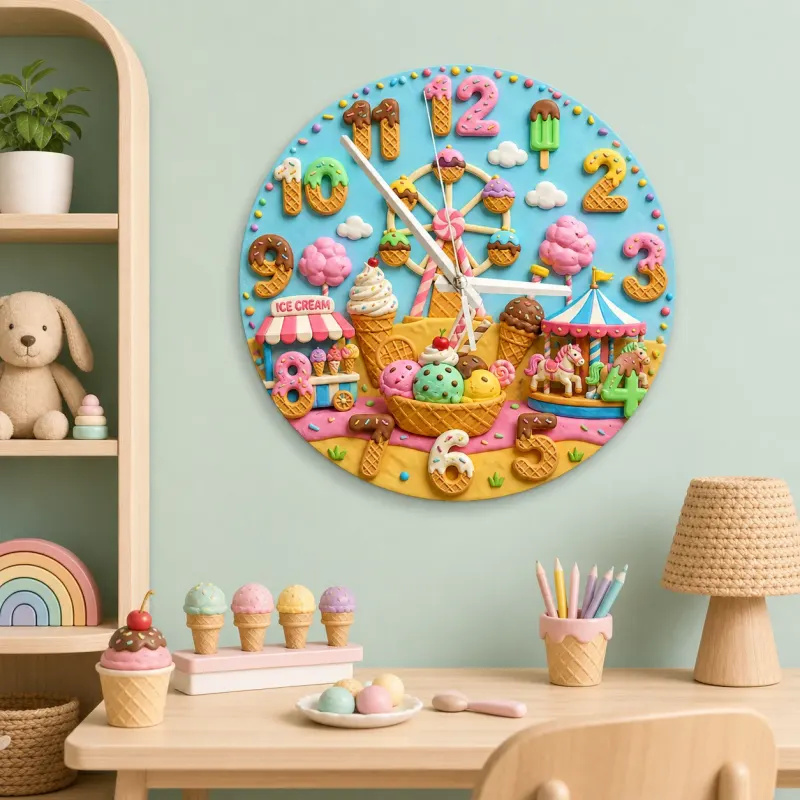Ice Cream Carnival Kids Room Wall Clock | Pastel Fairground Nursery Decor, Sweet Birthday Gift (13.6 inch / 34.5 cm)