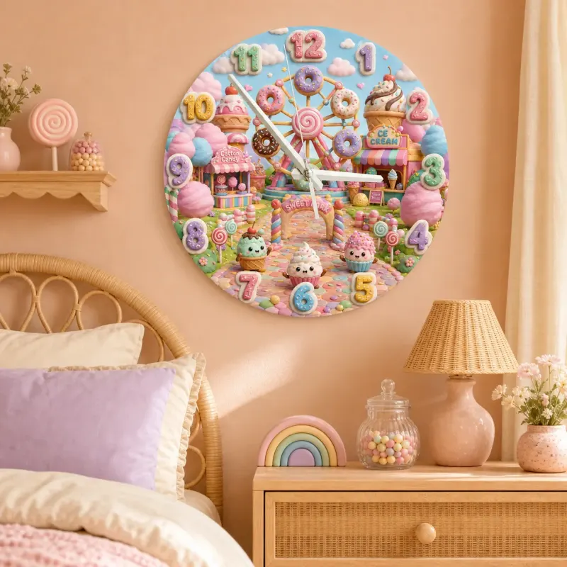 Pastel Candyland Theme Kids Room Wall Clock | Kawaii Sweet Treats Nursery Wall Decor, Cute Little Girl Bedroom Gift (13.6 inch / 34.5 cm)
