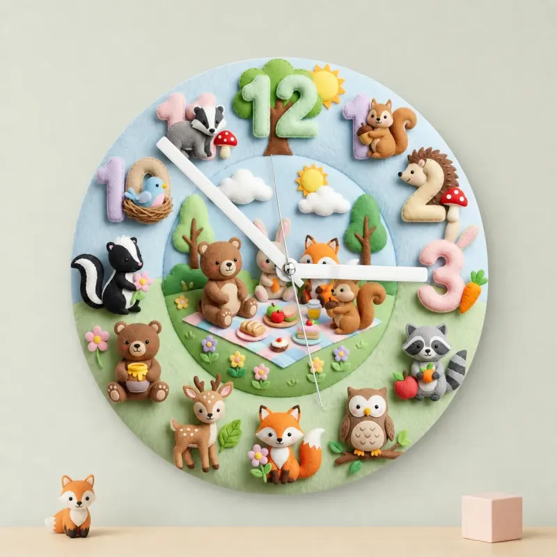 Woodland Animal Picnic Kids Room Wall Clock | Faux Felt Forest Nursery Decor, Baby Shower Gift For Baby Boys & Girls (13.6 inch / 34.5 cm)