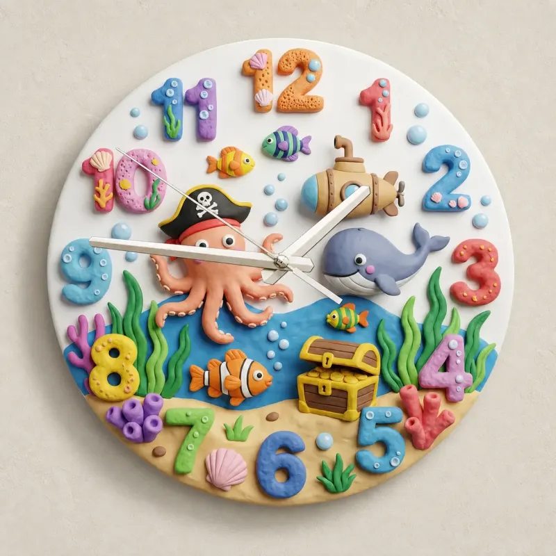 Pirate Octopus Under The Sea Kids Room Wall Clock | Ocean Theme Nursery Decor, Baby Boy Bedroom Birthday Keepsake (13.6 inch / 34.5 cm)