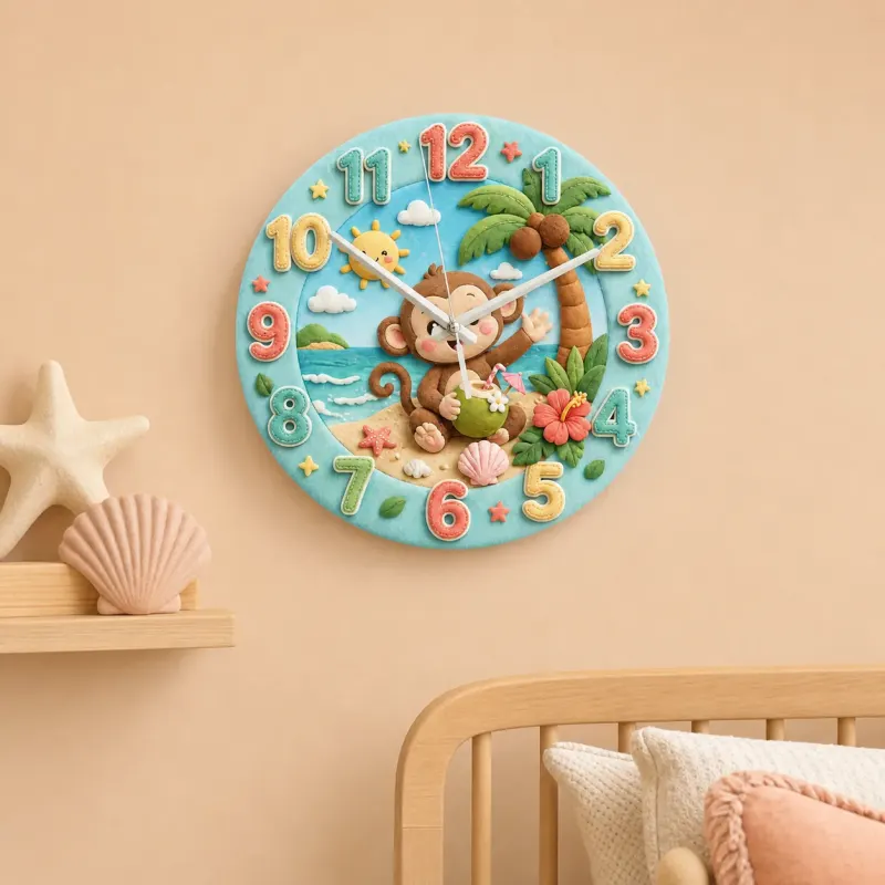 Tropical Beach Monkey Kids Room Wall Clock | Cute Ocean Animal Nursery Decor, Baby Boy Girl Playroom Birthday Gift (13.6 inch / 34.5 cm)