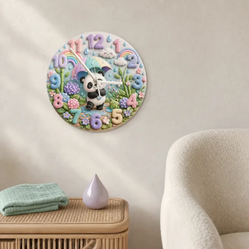 Whimsical Pastel Panda Kids Room Wall Clock | Rainbow Umbrella Nursery Decor, Cute Baby Girl Shower Gift Keepsake (13.6 inch / 34.5 cm)
