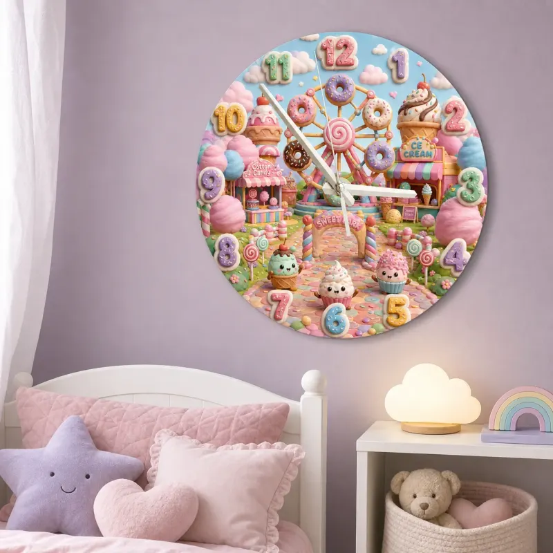 Pastel Candyland Theme Kids Room Wall Clock | Kawaii Sweet Treats Nursery Wall Decor, Cute Little Girl Bedroom Gift (13.6 inch / 34.5 cm)