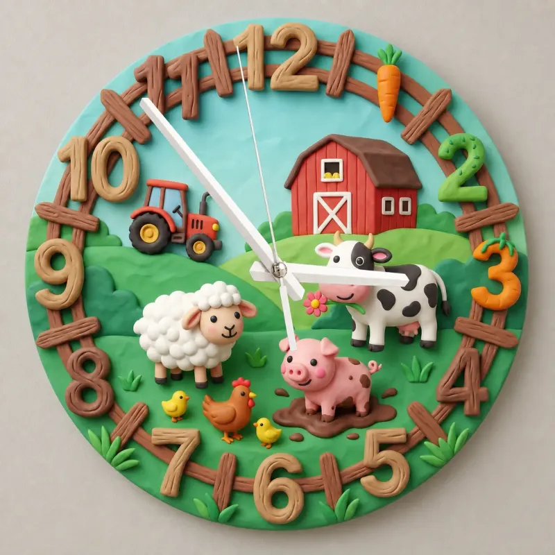 Farm Animals Barnyard Kids Room Wall Clock | Red Tractor Cow Pig Nursery Decor, Baby Boy Girl Birthday Keepsake Gift (13.6 inch / 34.5 cm)