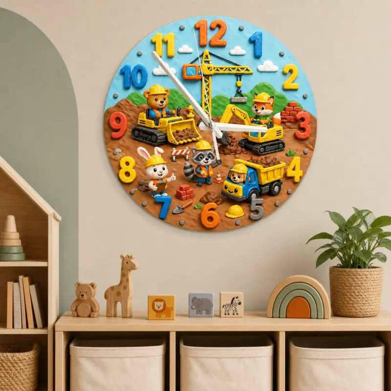 Construction Animals Kids Room Wall Clock | Little Builder Nursery Decor, Baby Boy Bedroom Makeover Birthday Gift (13.6 inch / 34.5 cm)