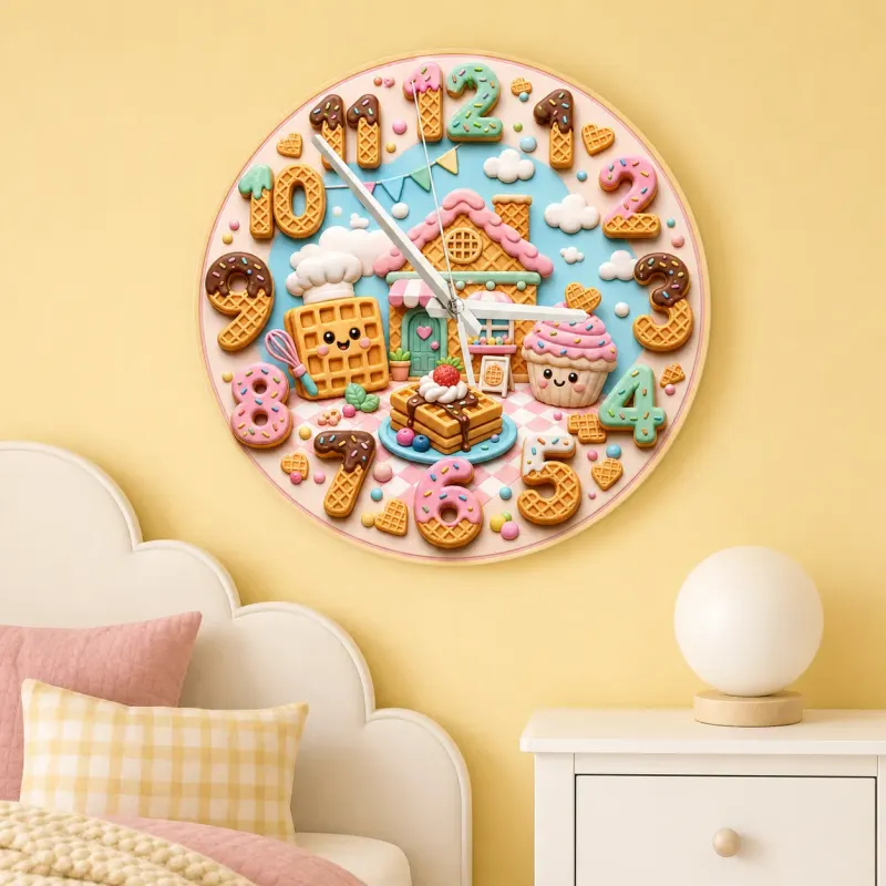 Waffle House Bakery Kids Room Wall Clock | Sweet Dessert Nursery Decor, Cute Birthday Gift For Girls (13.6 inch / 34.5 cm)