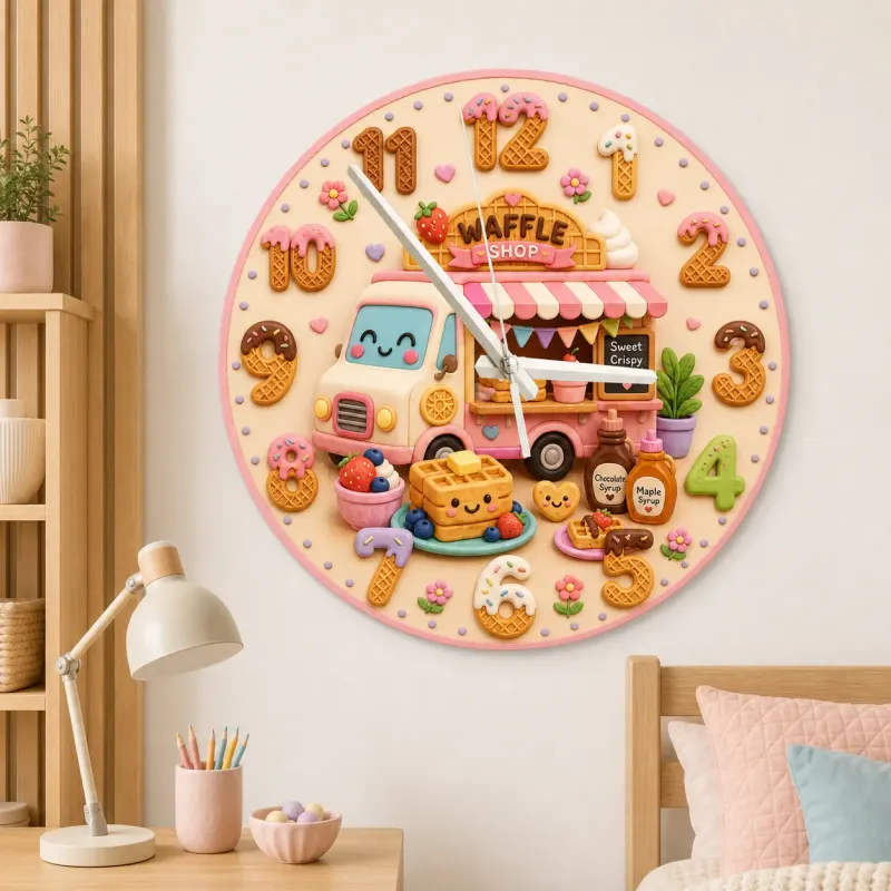 Waffle Shop Food Truck Kids Room Wall Clock | Sweet Bakery Nursery Decor, Cute Birthday Gift For Girls (13.6 inch / 34.5 cm)