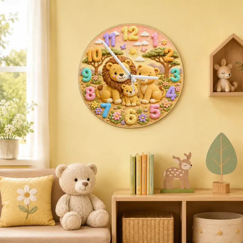 Pastel Safari Lion Family Kids Room Wall Clock | Cute Jungle Animal Nursery Decor, Perfect Baby Shower Gift Keepsake (13.6 inch / 34.5 cm)