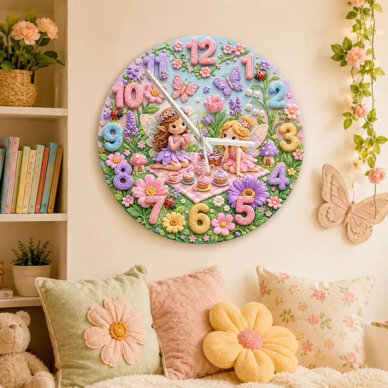 Magical Fairy Tea Party Kids Room Wall Clock | Enchanted Garden Nursery Decor, Pastel Girls Bedroom Birthday Present (13.6 inch / 34.5 cm)