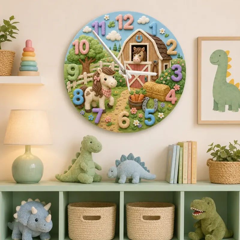 Cute Pony and Farm Barn Kids Room Wall Clock | Rustic Animal Nursery Decor, Baby Shower Gift for a Little Girls Room (13.6 inch / 34.5 cm)