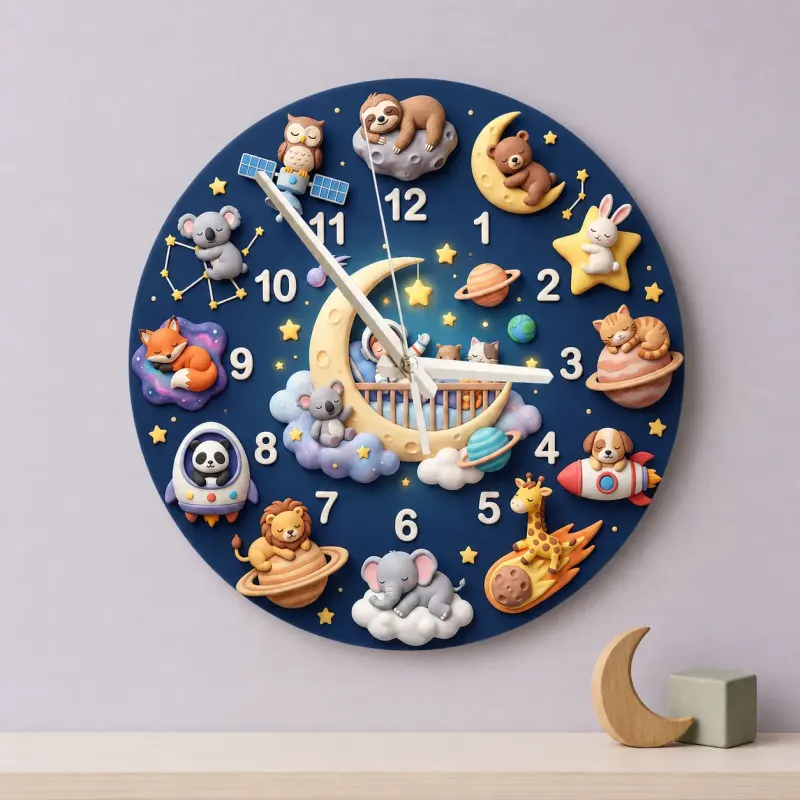 Space Animals & Planets Kids Room Wall Clock | Whimsical Night Sky Nursery Decor, Baby Shower And Birthday Present (13.6 inch / 34.5 cm)