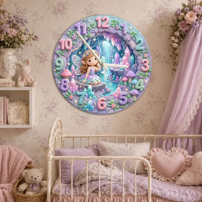 Magical Fairy and Crystal Cave Kids Room Wall Clock | Enchanted Pastel Nursery Decor, Whimsical Girls Room Gift Art (13.6 inch / 34.5 cm)