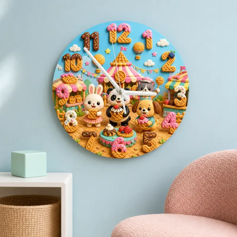 Puppy Bunny Ice Cream Kids Room Wall Clock | Pet Nursery Decor, Sweet Birthday Gift For Girls Boys (13.6 inch / 34.5 cm)