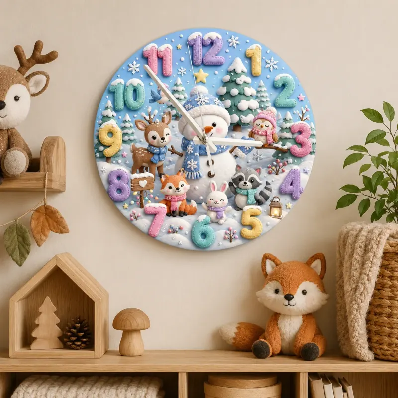 Winter Snowman & Woodland Animals Kids Room Wall Clock | Pastel Nursery Decor, Sweet Baby Shower Gift For Little Ones (13.6 inch / 34.5 cm)