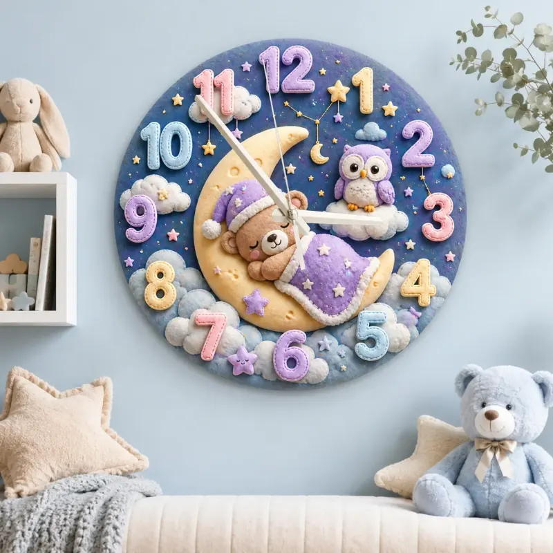 Sleeping Bear and Owl Kids Room Wall Clock | Pastel Starry Night Nursery Decor, Baby Shower Gift For Boys & Girls (13.6 inch / 34.5 cm)