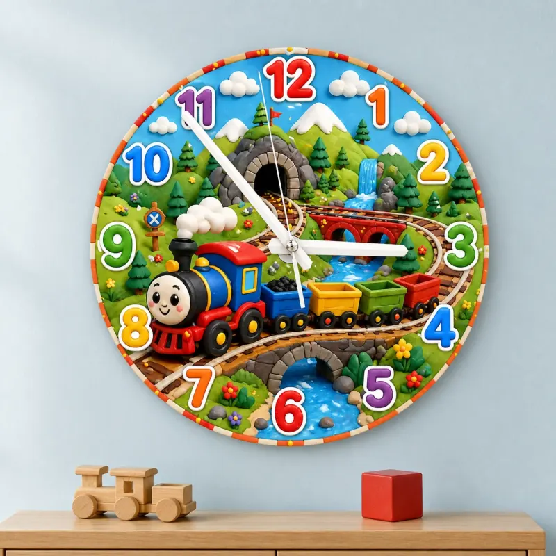 Smiling Toy Train Kids Room Wall Clock | Colorful Railway Nursery Decor, Little Boy Bedroom Birthday Gift Keepsake (13.6 inch / 34.5 cm)