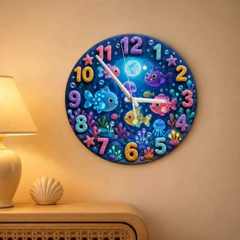 Magical Under The Sea Kids Room Wall Clock | Ocean Fish Nursery Decor, Baby Boy Girl Bedroom Birthday Keepsake Gift (13.6 inch / 34.5 cm)