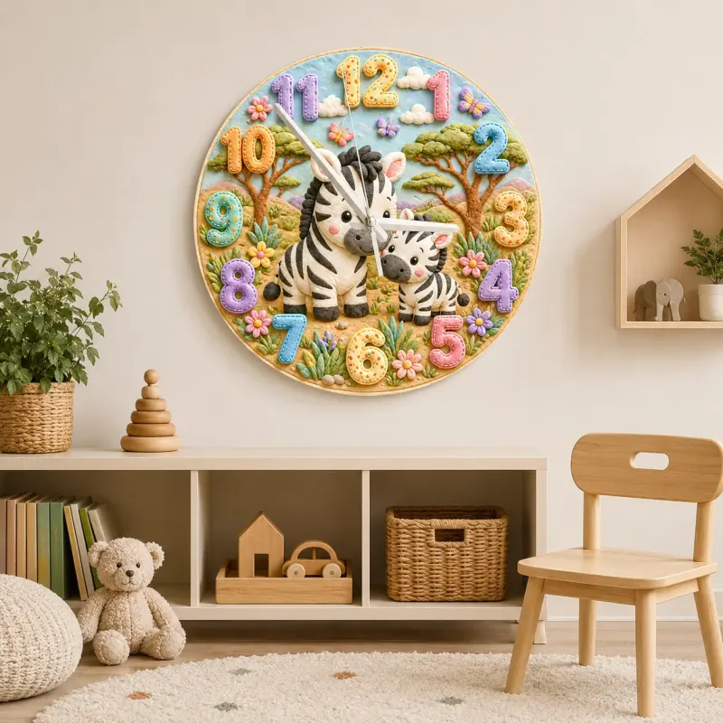 Sweet Mother & Baby Zebra Kids Room Wall Clock | Safari Animal Nursery Decor, Beautiful New Baby Shower Gift Keepsake (13.6 inch / 34.5 cm)