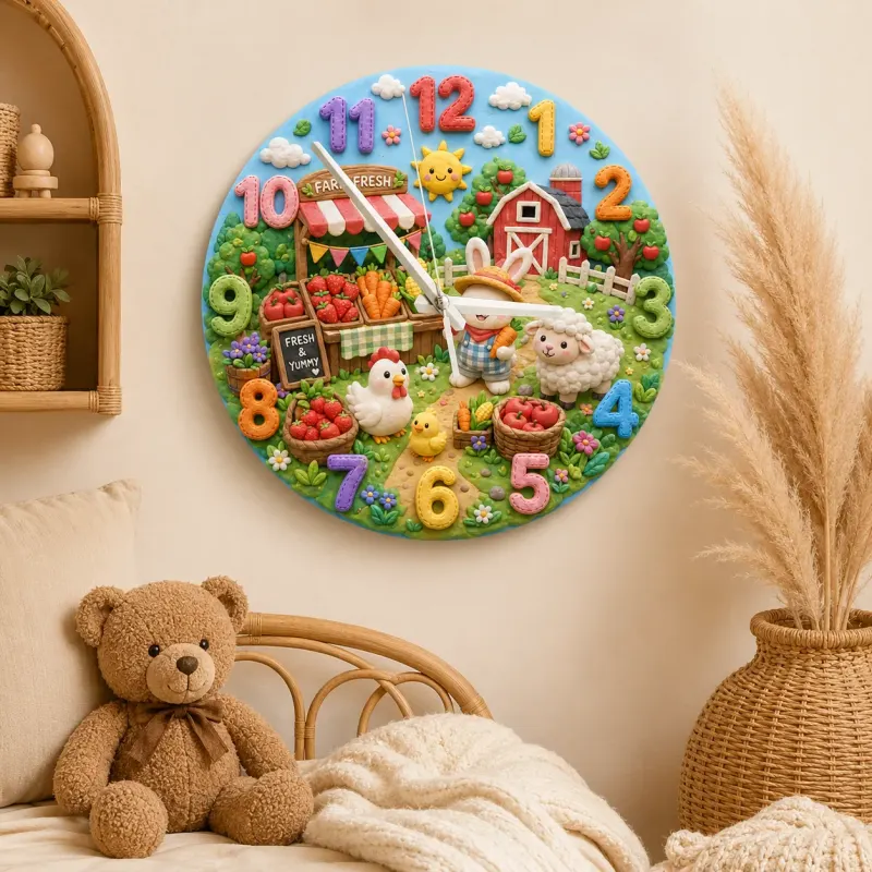 Farm Animals Kids Room Wall Clock | Bunny Farmer Nursery Decor, Baby Shower Birthday Gift Keepsake Toddler Room Art (13.6 inch / 34.5 cm)