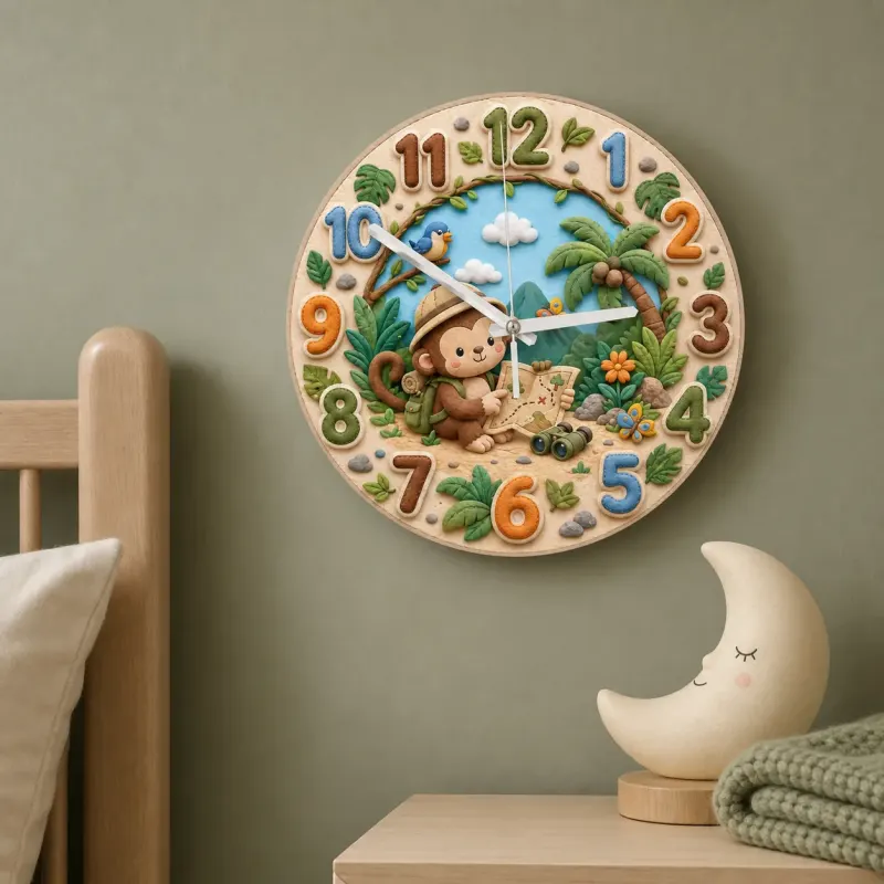 Safari Monkey Explorer Kids Room Wall Clock | Jungle Adventure Nursery Decor, Baby Shower Gift, Little Boy Keepsake (13.6 inch / 34.5 cm)