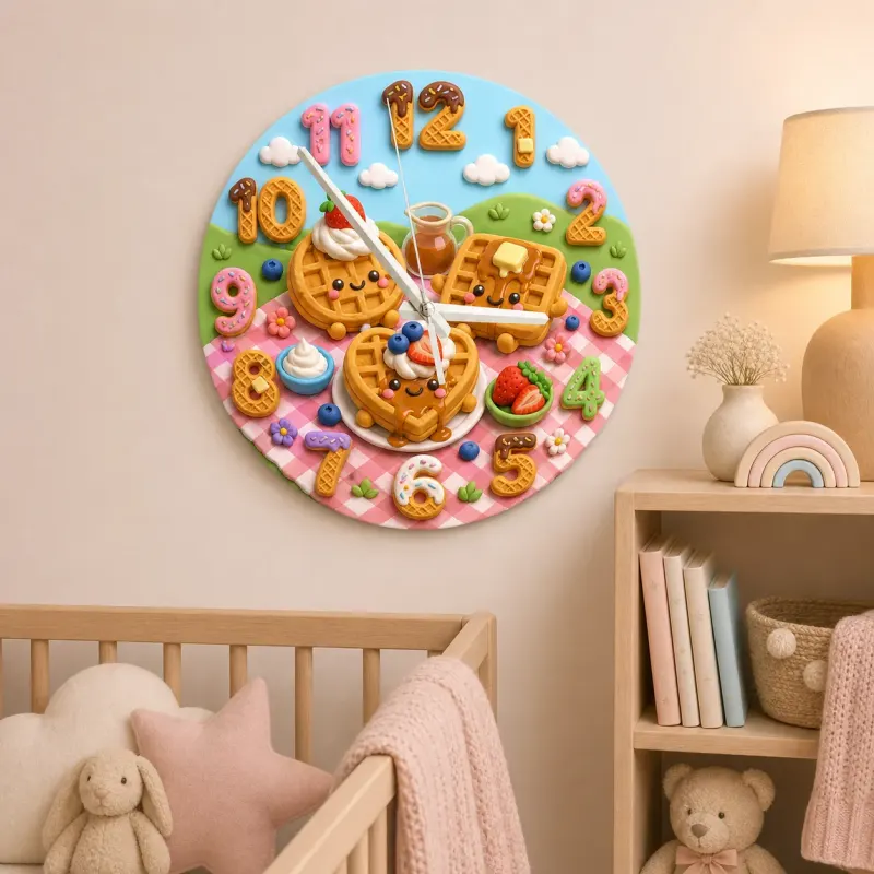 Waffle Breakfast Kids Room Wall Clock | Sweet Picnic Nursery Decor, Cute Playroom Birthday Gift (13.6 inch / 34.5 cm)