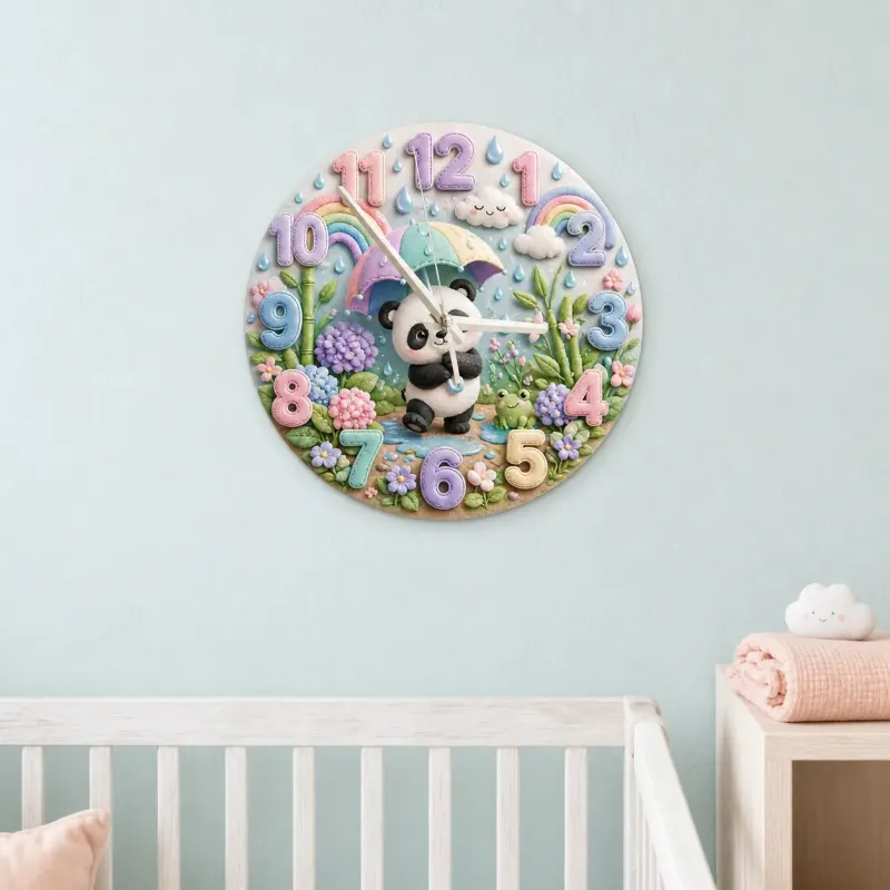 Whimsical Pastel Panda Kids Room Wall Clock | Rainbow Umbrella Nursery Decor, Cute Baby Girl Shower Gift Keepsake (13.6 inch / 34.5 cm)