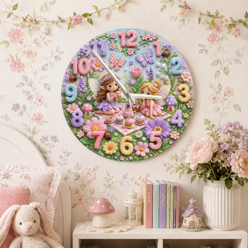Magical Fairy Tea Party Kids Room Wall Clock | Enchanted Garden Nursery Decor, Pastel Girls Bedroom Birthday Present (13.6 inch / 34.5 cm)
