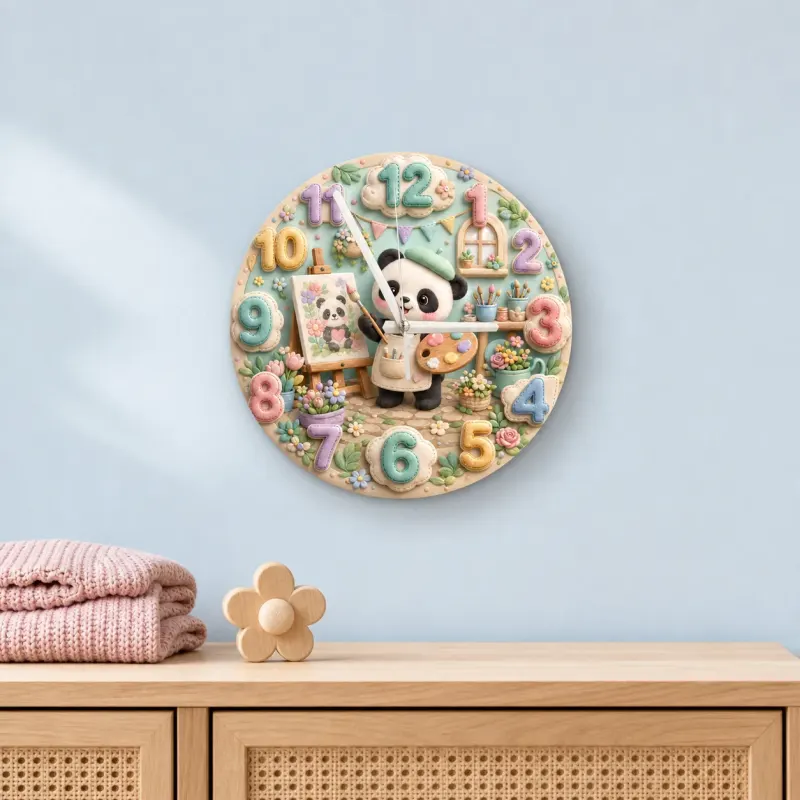 Little Painter Panda Kids Room Wall Clock | Pastel Floral Nursery Decor, Baby Girl Bedroom Birthday Gift Keepsake (13.6 inch / 34.5 cm)