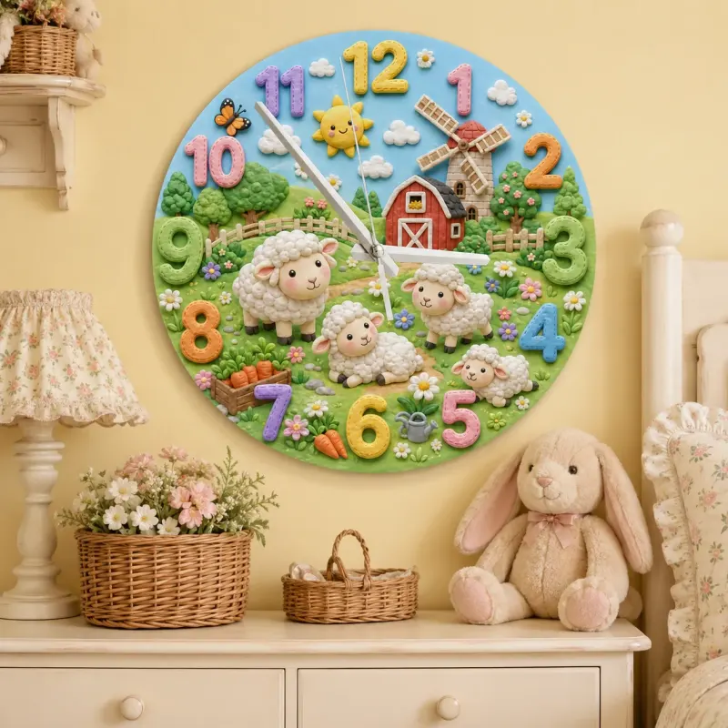 Farm Animal Sheep Kids Room Wall Clock | Whimsical Barnyard Nursery Decor, Baby Shower Gift For Boy Or Girl Room Art (13.6 inch / 34.5 cm)
