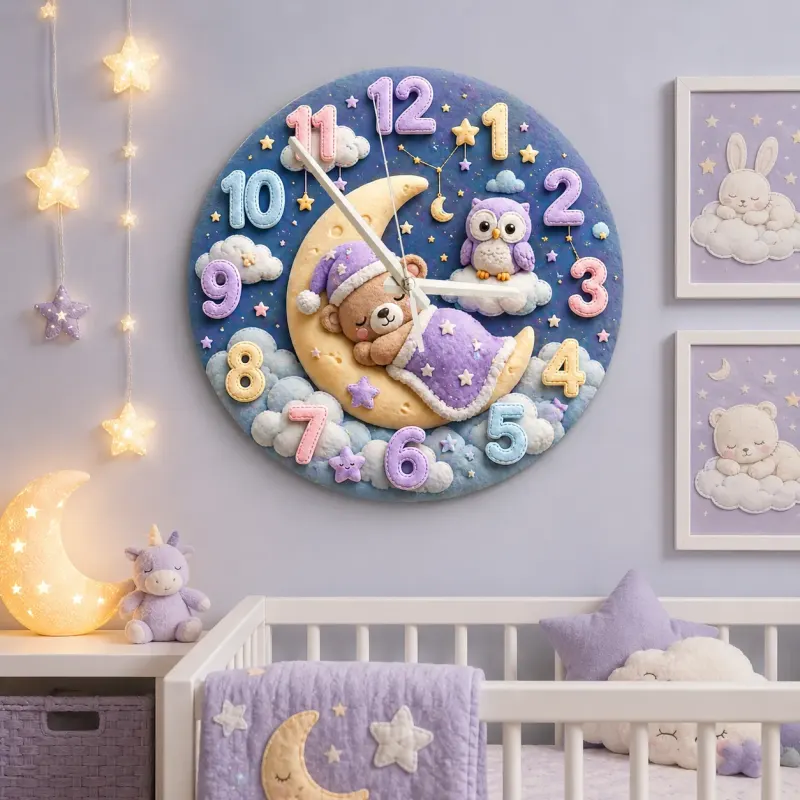 Sleeping Bear and Owl Kids Room Wall Clock | Pastel Starry Night Nursery Decor, Baby Shower Gift For Boys & Girls (13.6 inch / 34.5 cm)