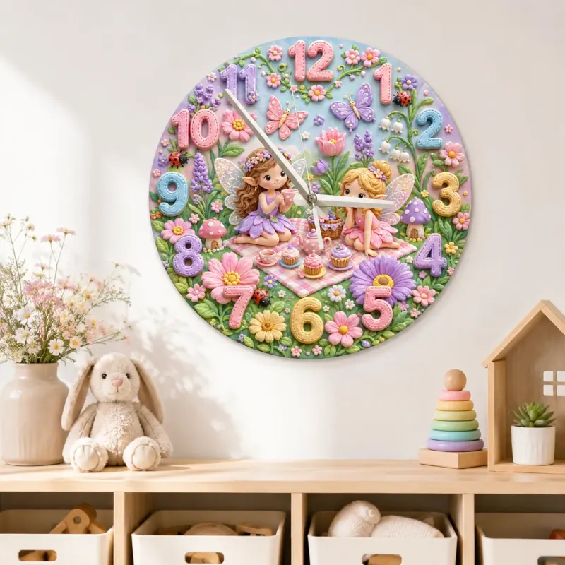 Magical Fairy Tea Party Kids Room Wall Clock | Enchanted Garden Nursery Decor, Pastel Girls Bedroom Birthday Present (13.6 inch / 34.5 cm)