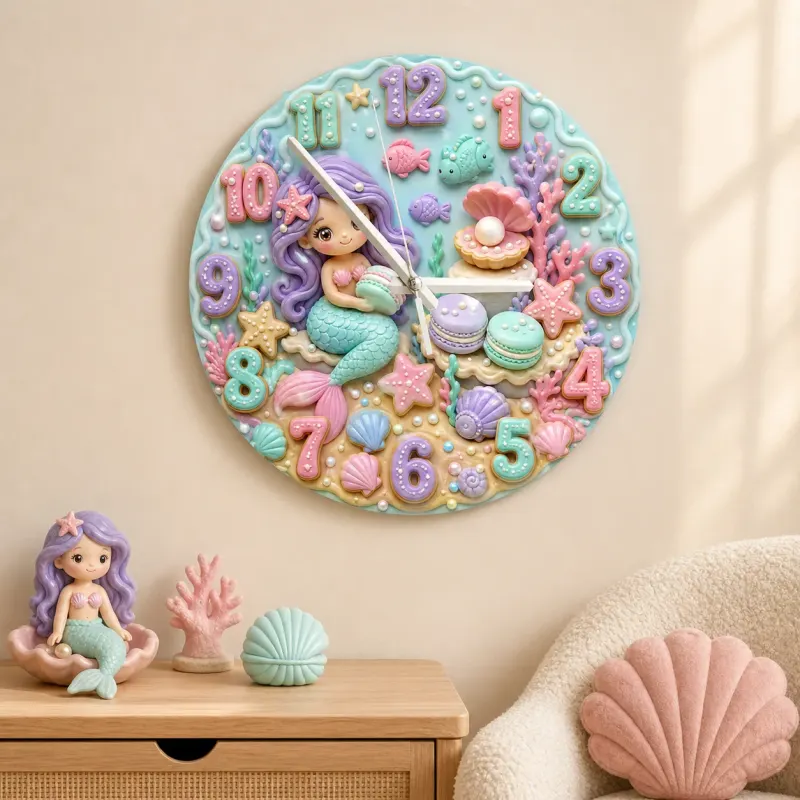 Mermaid Seashell Kids Room Wall Clock | Pastel Ocean Nursery Decor, Magical Baby Girl Birthday Gift (13.6 inch / 34.5 cm)