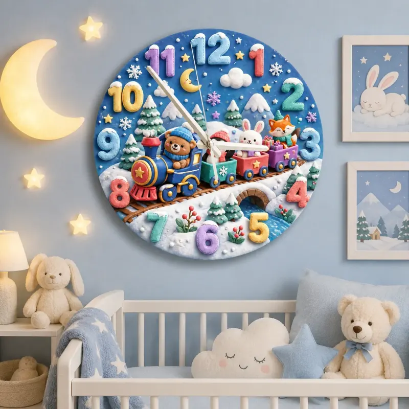 Winter Animal Train Kids Room Wall Clock | Snowy Woodland Nursery Decor, Beautiful Baby Shower Gift For Boy Or Girl (13.6 inch / 34.5 cm)