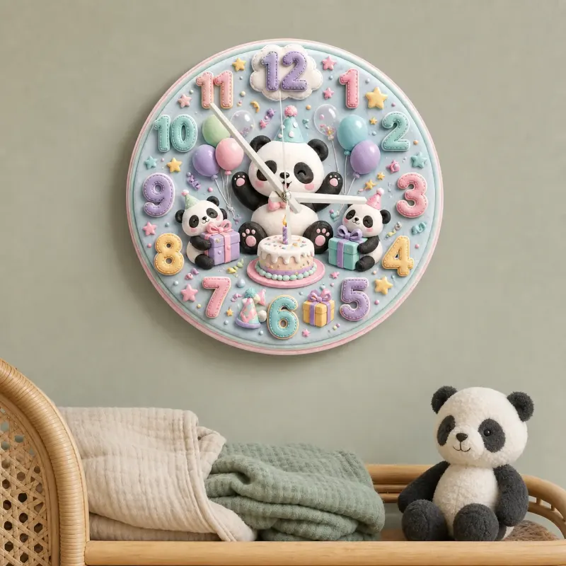 Pastel Birthday Panda Kids Room Wall Clock | Whimsical Animal Nursery Decor, Sweet Baby Shower Gift For Girls & Boys (13.6 inch / 34.5 cm)