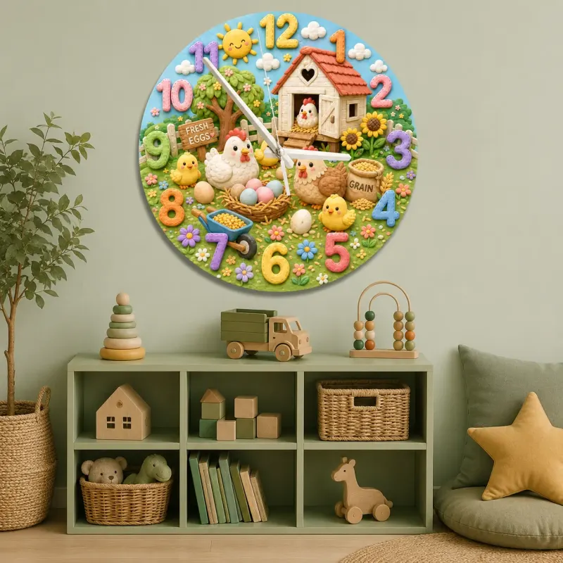 Cute Farm Chickens Kids Room Wall Clock | Baby Chick Nursery Decor, Playroom Wall Art, Sweet Birthday Gift Keepsake (13.6 inch / 34.5 cm)
